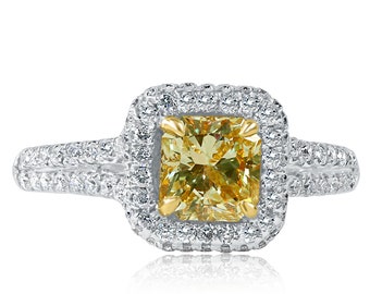 1.62Ctw Radiant Cut Light Yellow Diamond Engagement Ring, 18k White Gold Split Shank