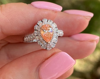 Vivid Pink Pear Lab Grown Diamond Engagement Ring, 14k White Gold Double Halo