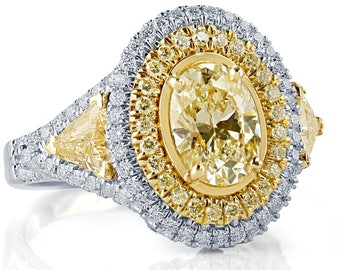 2.96Ctw Oval Yellow Diamond Engagement Ring, Double Halo, Trillion Sides, 18k Two-Tone Gold
