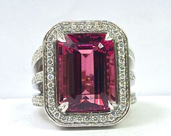 GIA Certified 12.66 Ct Purplish Pink Tourmaline Diamond Ring, Art Deco Emerald Cut Tourmaline Engagement Ring 14k White Gold, Cocktail Ring