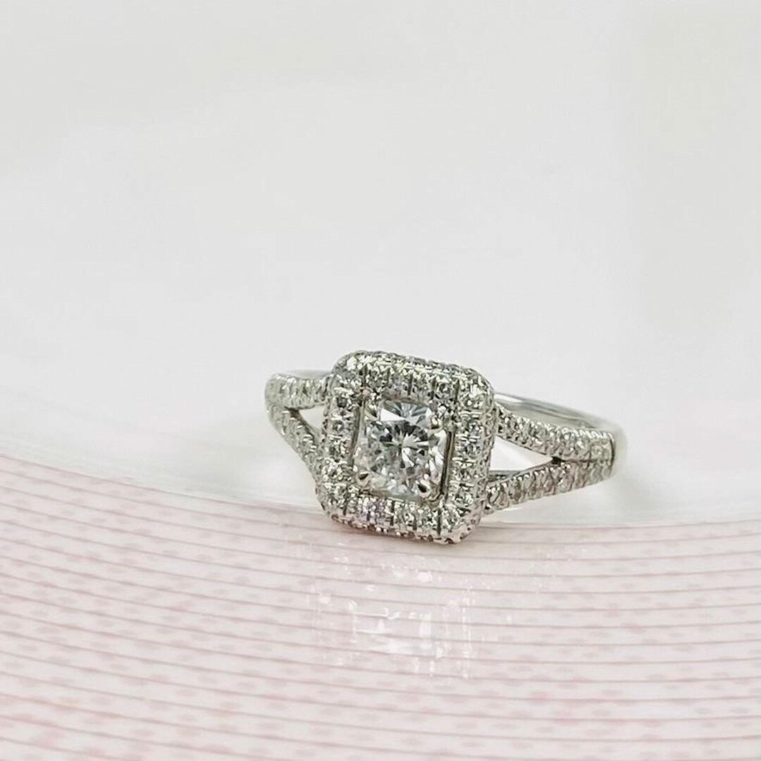 Radiant Cut Diamond Double Halo Engagement Ring: 18k White Gold Split ...