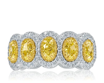 Art Deco 2.19 Ct Natural Fancy Yellow Oval Diamond Wedding Band, 14k White Gold