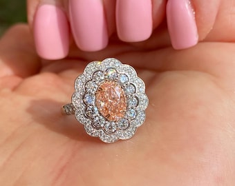 IGI Certified 1.03Ct Fancy Vivid Pink Lab Grown Diamond Ring, 14k White Gold Halo