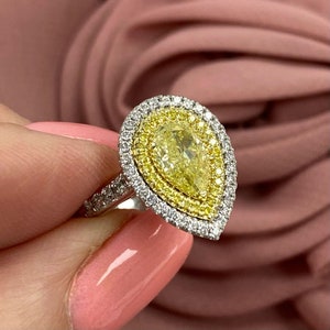 GIA Certified 2.04 TCW Natural Fancy Yellow Pear Diamond Engagement Ring, Round Brilliants In  18k White Gold, Pear Shaped Double Halo Ring