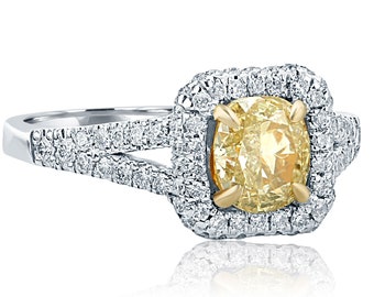 Cushion Halo 1.63 Ct Diamond Ring, Yellow Diamond Engagement Ring, Pave Set Bridal Proposal  Ring, 18k White Gold Split Shank