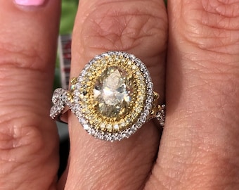 1.93Ctw Oval Yellow Diamond Engagement Ring, Double Halo, 18k White Gold Criss Cross Band