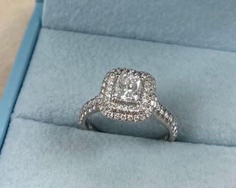 Princess Cut Diamond Double Halo Engagement Ring, 14k White Gold