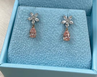 1.30 Ct Lab Grown Pear Diamond Drop Earrings: 14k White & Rose Gold Bridal Jewelry