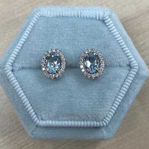 1 Carat Light Blue Aquamarine Stud Earrings in 14k White Gold, Aquamarine Halo Diamond Earring Studs, Women&#39;s Studs, Birthstone Earrings.