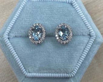 1 Carat Aquamarine Diamond Halo Stud Earrings, 14k White Gold, Birthstone