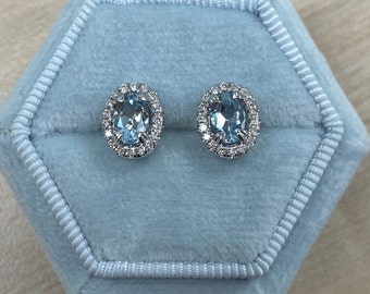 1 Carat Light Blue Aquamarine Stud Earrings in 14k White Gold, Aquamarine Halo Diamond Earring Studs, Women's Studs, Birthstone Earrings.