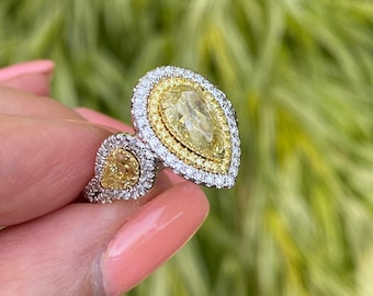 GIA Certified Fancy Intense Yellow Pear Diamond Ring, 18k Gold Halo Ring