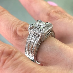 2.83 TCW Art Deco Round Diamond Engagement Ring in 14k White Gold, Vintage Design Ring, Halo Diamond Ring, Three Row Round Diamond Wide Band