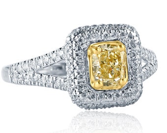1.26 Ct Cushion Cut Yellow Diamond Engagement Ring: 18k White Gold Double Halo