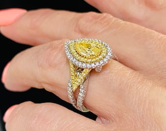 1.55Ctw GIA Fancy Yellow Pear Diamond Engagement Halo Ring, 18k White Gold Split Shank