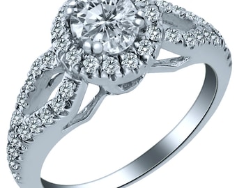 0.46 Carat Round Cut Diamond Engagement Ring: 14k White Gold Split Band Halo