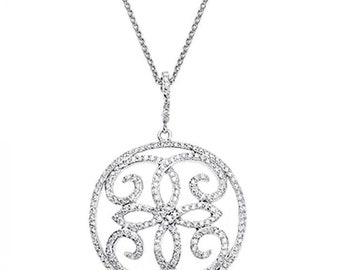 0.95 Ct Round Cut Diamond Pendant Necklace, 14k White Gold Scroll Design