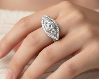 Marquise Halo 1.15 TCW Diamond Ring, 14k White Gold East West Setting