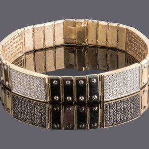 4.25 Ct Men&#39;s Diamond Bracelet, 4 Pave Diamond Plates Screw Link Bracelet 14k Solid Yellow Gold 51.2g, Anniversary Gift for Him 8.25&quot;