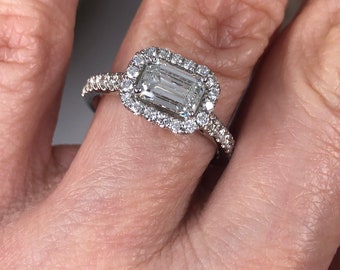 1.58Ctw Emerald Cut Diamond Engagement Ring, 14k White Gold Halo Ring
