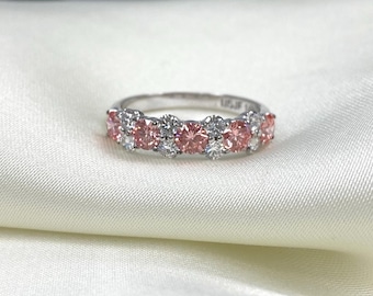 1Ct Pink and White Lab Grown Diamond Wedding Band, 14k Gold Ring