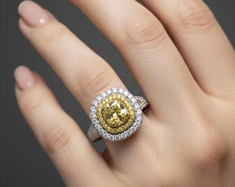 GIA Certified 1.92Ctw Cushion Cut Yellow Diamond Engagement Ring, 18k White Gold Double Halo