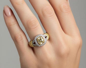 GIA 1.48Ctw Fancy Yellow Cushion Diamond Ring, 18k Double Halo Engagement Ring