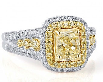 GIA 1.85Ct Radiant Cut Diamond Engagement Ring: 18k White Gold Micro Pave Halo