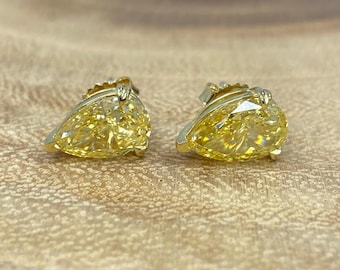 5 Carat IGI Lab Grown Fancy Intense Yellow Pear Diamond Studs, 18k Gold
