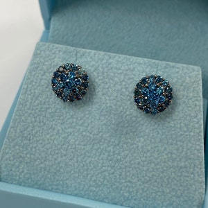1 Carat Blue Diamond Stud Earrings, Solid 14K White Gold Post Earring Studs, Natural Diamond Cluster Studs, Women's Earrings