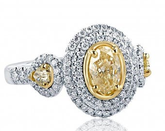 1.57 Ct Oval Yellow Diamond Engagement Ring: Pear Side Stones, 18k White Gold