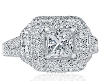 Princess Cut 1.85Ctw Diamond Engagement Ring, Halo 14k White Gold, Cadillac Side Diamonds
