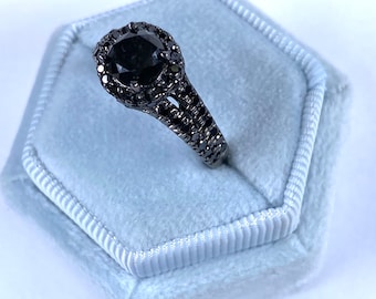2.30Ctw Black Diamond Engagement Ring, 14K White Gold, Pave Bridal Ring