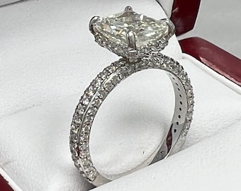 3.27Ct Radiant Cut Diamond Engagement Ring, Hidden Halo, 18k White Gold