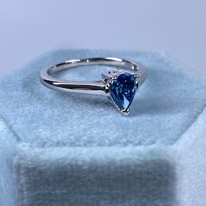 0.50 TCW Solitaire Diamond Ring, Cathedral Set Blue Pear Brilliant Cut  Diamond Proposal Ring, Anniversary Blue Diamond Ring 14k White Gold