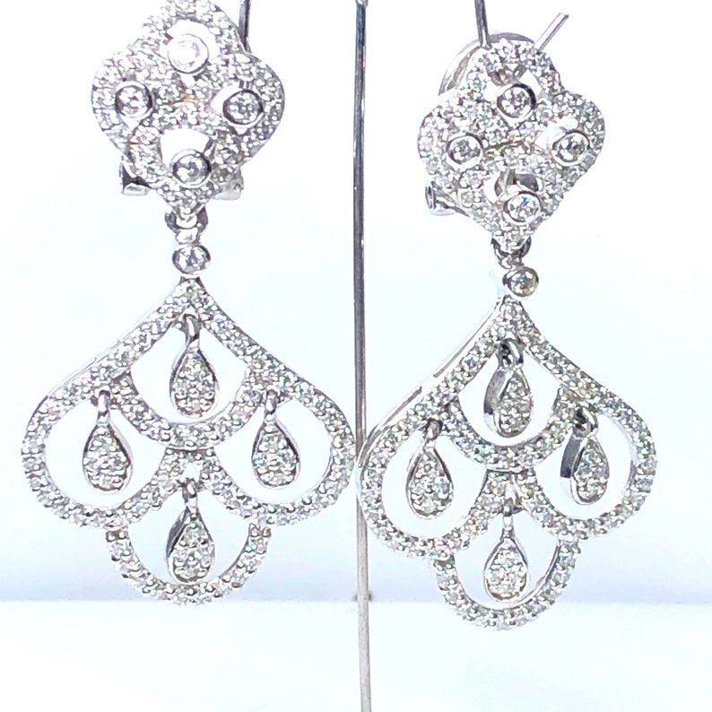1.40 Ct Glamorous Diamond Chandelier Earrings, Real Natural Diamond Dangle Pave Earrings, Women's Wedding Bridal Earrings, 14k White Gold image 3