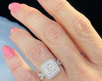 1.88Ctw Cushion Cut Diamond Halo Engagement Ring, 18k White Gold Infinity Band