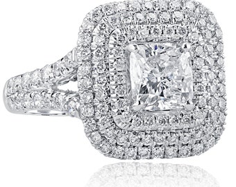 2.41Ctw Cushion Cut Diamond Engagement Ring, Triple Halo, 18k White Gold Split Shank