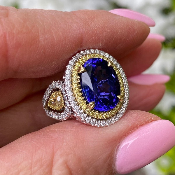 5.72Ct Blue Violet GIA Certified Oval Cut Tanzanite Diamond Ring, 7.36TCW Brilliant Cut Natural Tanzanite Ring 14K Gold, December Birthstone
