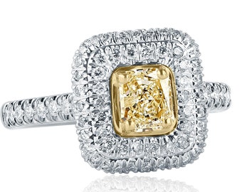 1.23 Ct Cushion Yellow Diamond Double Halo 18k White Gold Engagement Ring