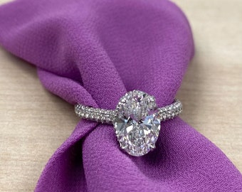 GIA 3.33 Ctw Oval Lab Grown Diamond Engagement Ring: 18k White Gold Hidden Halo