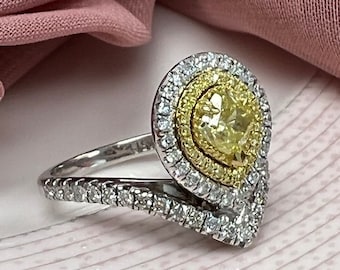 1.17Ct Cushion Cut Fancy Yellow Offset Diamond Halo Engagement Ring, 14k White Gold