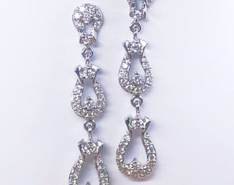 0.88 Ct Three Tier Dangle Diamond Earrings, Drop Earrings, Natural Round Cut Diamonds, Wedding Bridal Party Earrings,  14k White Gold