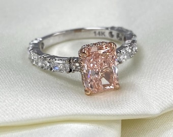 2Ct Vivid Pink Radiant Lab Grown Diamond Engagement Ring Hidden Halo 14K White Gold