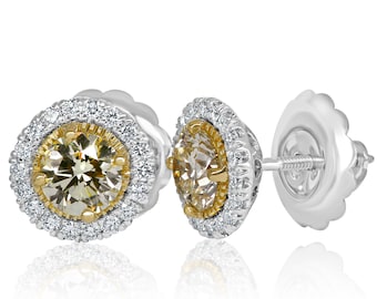 2.10 TCW Light Yellow Diamond Halo Stud Earrings, 18k White Gold