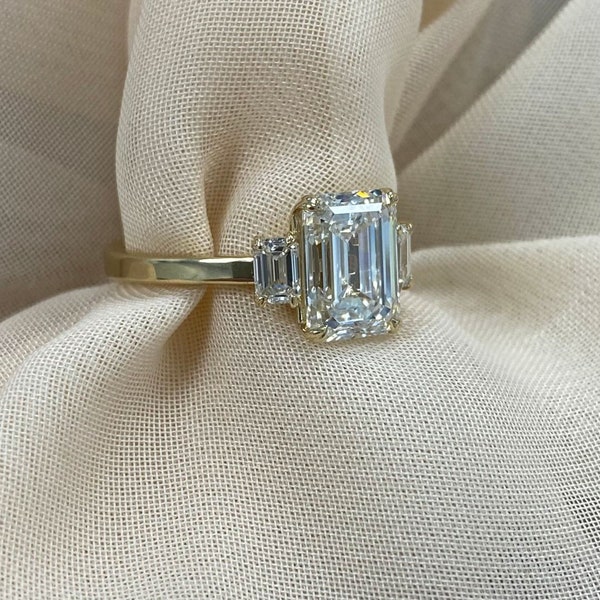 IGI Emerald Cut Lab Grown Diamond 2.23 CT F-VS1 Engagement Ring, Past Present and Future Love Ring, 2.59 TCW Proposal Ring 14k Yellow Gold