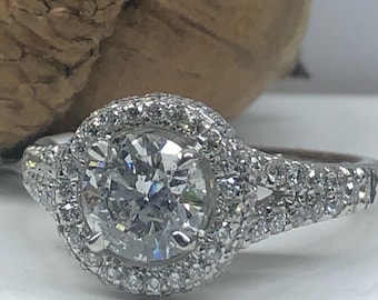 1.77 Ct Natural Round Diamond Halo Engagement Ring - 14k White Gold