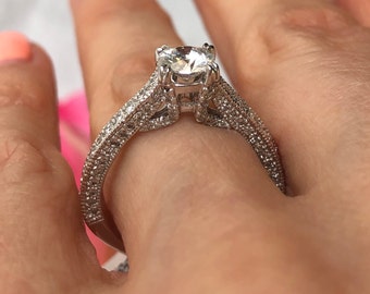 Cathedral 1.33Ctw Round Diamond Cathedral Engagement Ring, 14k White Gold Millgrain Band