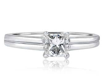 0.50 Ct Princess Cut Diamond Cathedral Engagement Ring, 14k White Gold