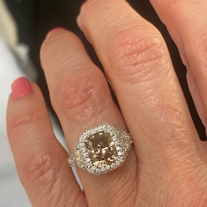 3.38CT Fancy Light Brown Cushion Cut Diamond Engagement Ring Trillion Cut Sides 18k White Gold, Cushion Cut Halo Diamond Ring, Proposal Ring